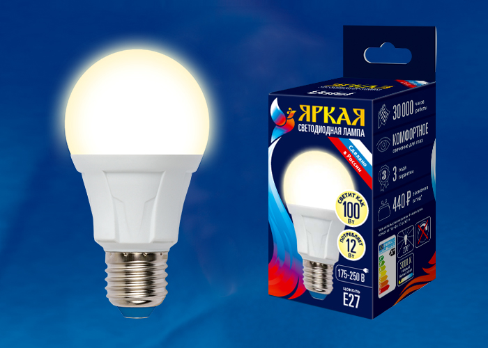 LED-A60 12W/WW/E27/FR PLP01WH Лампа светодиодная. Форма «А», матовая. Серия Яркая. Теплый белый свет