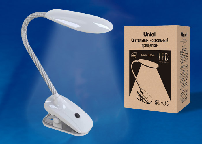 TLD-546 White/LED/350Lm/4500K Светильник настольный «прищепка», 5W. Механический выключатель. Белый.